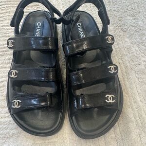 CHANEL Black Sandals with Silver Accents